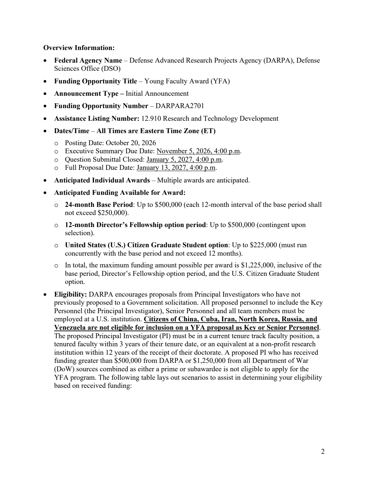 DARPARA2701 page 2 with executive summary and full proposal dates